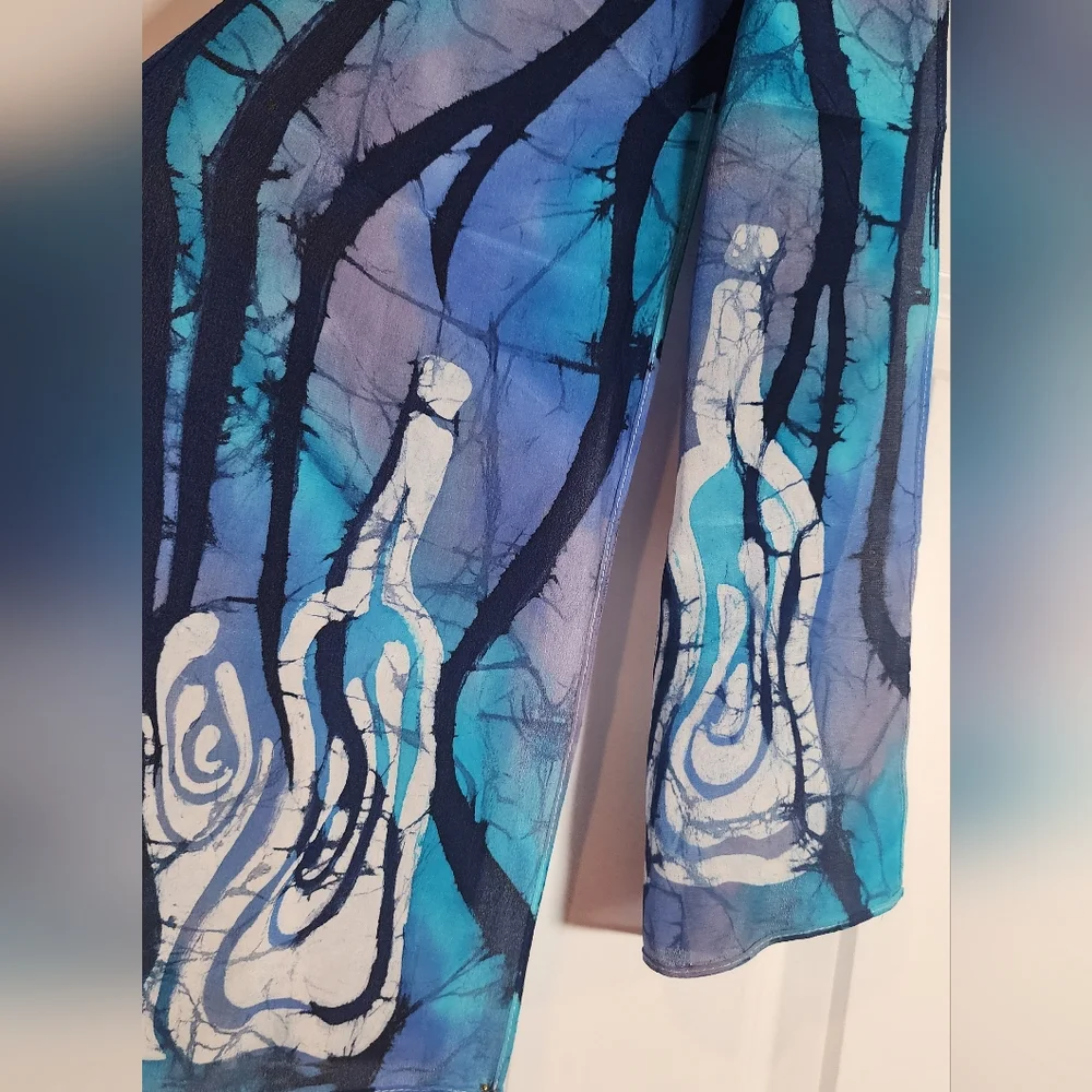 New Hand Painted Silk Scarf Susan Owens Unique Blue White Abstract Sheer